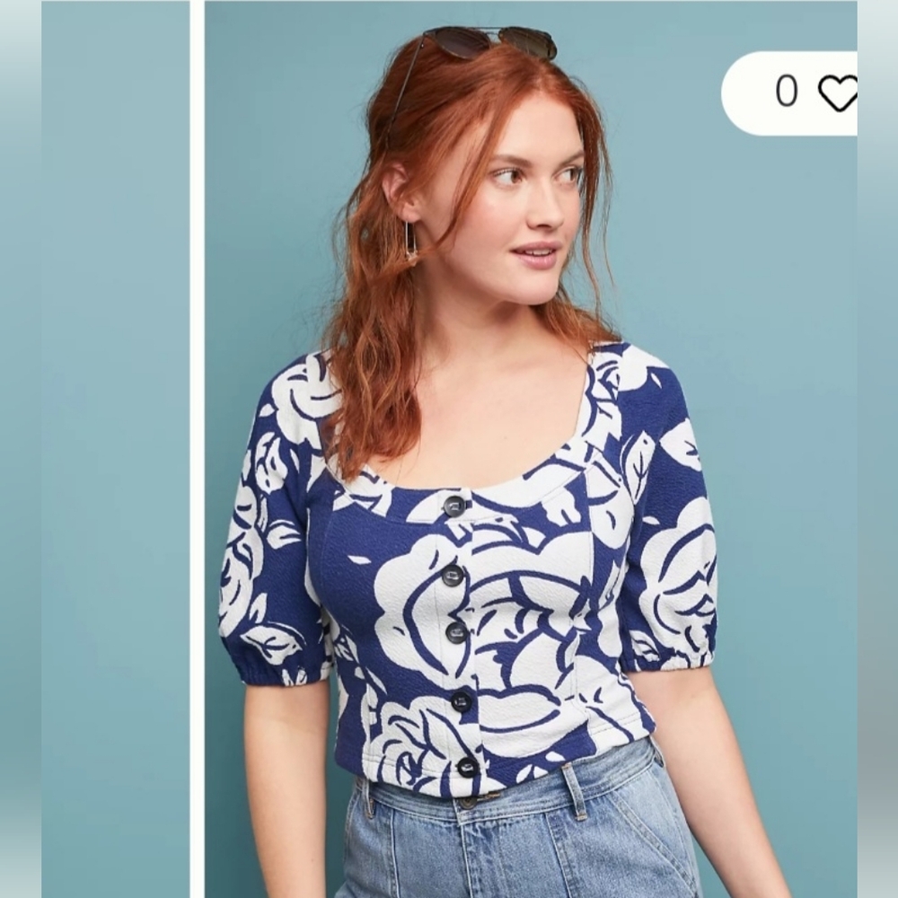 Anthropologie Navy and Cream Floral Blouse With Puff-Sleeves